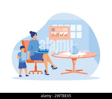 Freelancer with child working on laptop. Parent working with son. Home office. Remote worker, employee schedule, flexible schedule concept. flat vecto Stock Vector