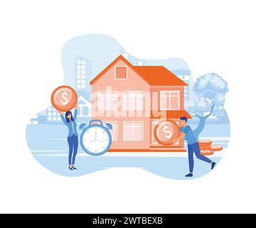 Of a young couple investing money in real estate. Bank loan and savings concept. flat vector modern illustration Stock Vector