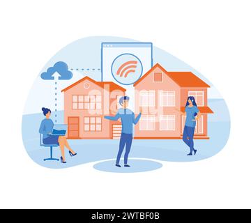 Smart home concept, internet wifi, data transfer, communication, connecting apartment buildings to the internet, control via tablet. flat vector moder Stock Vector