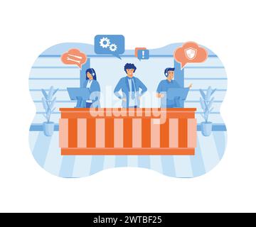 Customer service, hotline operators consult customers with headsets on computers, global online technical support, Call center, call processing system Stock Vector
