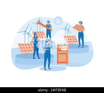 Solar energy system concept. Installing solar modules. Field service technician, worker, engineer and manager. Scene with professional team and panels Stock Vector