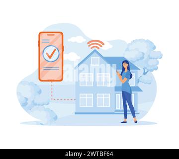 Home and house smart control remote wireless technology smartphone connection or internet distance surveillance automation app on mobile phone app. fl Stock Vector