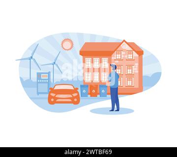 Eco house. Renewable energy. Eco friendly architecture. Village life. Global Warming. flat vector modern illustration Stock Vector