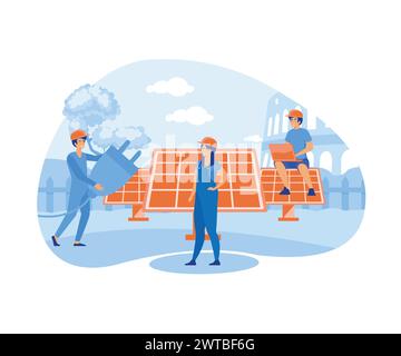 Alternative energy resource with solar panels, Solar panel power and Engineer character. Green and Environmentally friendly energy. flat vector modern Stock Vector