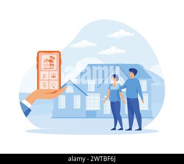 Smart home app with control system, eco house on the background and family posing, technology and lifestyle concept. flat vector modern illustration Stock Vector
