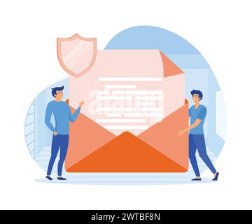 Secure, encrypted messages, emails. Two people stand near big envelope, letter with shield. flat vector modern illustration Stock Vector