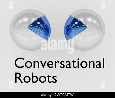 3D illustration of two robot heads, titled as Conversational Robots. Stock Photo