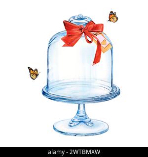 Cloche glass cake stand watercolor drawing dome. Butterfly label tag red ribbon bow. Glassware dish tray leg lid. Sweet treat fruit cupcake. Pastry Stock Photo