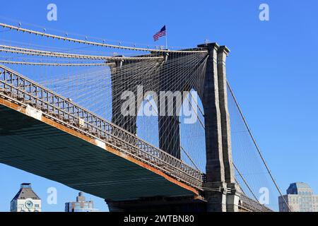 The Brooklyn Bridge in the sun, the rope structure casts a shadow, Manhattan, Down Town, New York City, New York, USA, North America Stock Photo