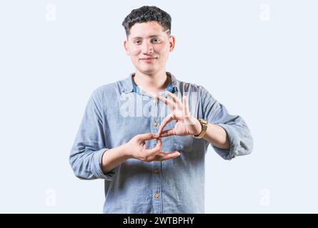 People speaking in sign language isolated. Man showing sign language to talk isolated Stock Photo