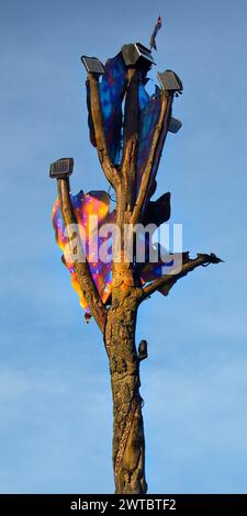 Fire oak artwork by Juergen Suberg in the Elleringhausen nature reserve, Olsberg, Rothaarsteig, Sauerland, Germany Stock Photo