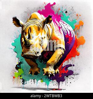 A mesmerizing piece of art featuring a neon-colored animal against a dark backdrop, accentuated with splashes of vibrant colors that bring the majesti Stock Photo