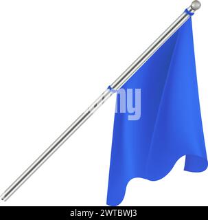 Realistic blue flag on metal pole. Hanging fabric mockup Stock Vector