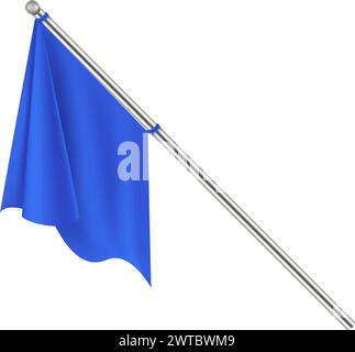 Blue flag mockup. Realistic textile on metal pole Stock Vector