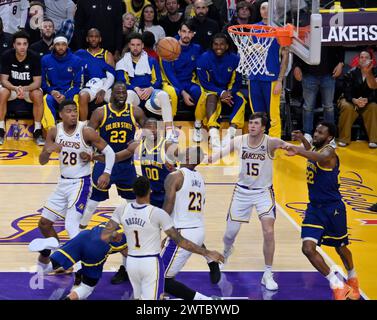 Los Angeles, United States. 16th Mar, 2024. All eyes are on the rebound as the Golden State Warriors and Los Angeles Lakers battle at Crypto.com Arena in Los Angeles on Saturday, March 16, 2024. Photo by Jim Ruymen/UPI Credit: UPI/Alamy Live News Stock Photo