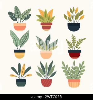 Vector set of various plants in pots. Collection of plants for home decoration. Natural design elements for stickers, icons, hobby articles Stock Vector