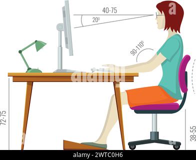 Rght sitting posture. Working at computer in healthy pose Stock Vector