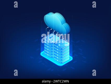 Cloud technology connected to the server Shows the connection of data storage to important servers of the company. which can be used via the internet Stock Vector