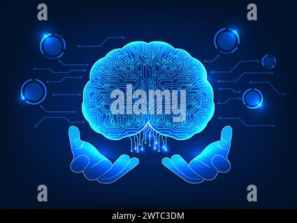 Artificial intelligence technology The hand holding the brain inside is a technological circuit. Shows AI technology that was created to help with ana Stock Vector