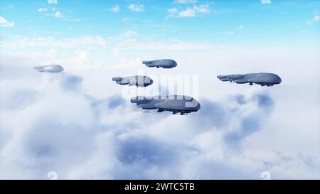 military futuristic ship fly in the clouds. Invasion. 3d rendering. Stock Photo