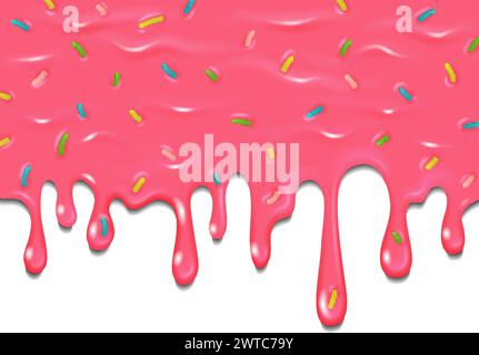 Dripping pink donut glaze. Sweet icing horizontal border Stock Vector