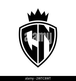 CN Letter bold monogram with shield and crown outline shape with black ...