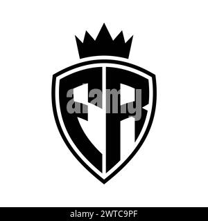 FR Letter bold monogram with shield and crown outline shape with black and white color design template Stock Photo