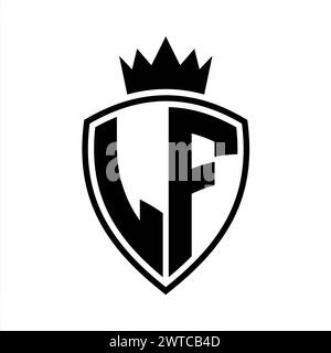 LF Letter bold monogram with shield and crown outline shape with black ...