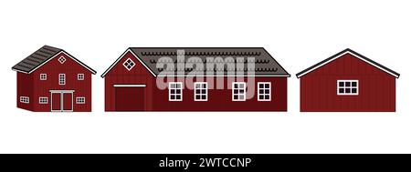 Set of vector red wooden barns with windows, closed doors. Isolated houses icons on the white background Stock Vector