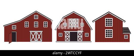 Set of red wooden barns with windows, doors. Isolated vector line flat cartoon houses icons on the white background Stock Vector