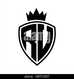 RV Letter bold monogram with shield and crown outline shape with black ...