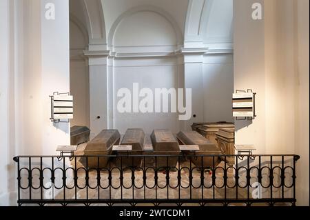 Vienna, Austria. Capuchin Crypt - The burial site of the Habsburgs in Vienna. Coffins of Duke Albert of Saxony-Anhalt, Archduchess Maria Christine and Emperor Leopold II. Stock Photo