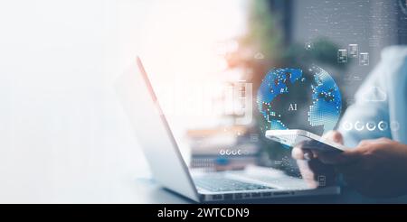 Futuristic internet communication concept. video tutorial, internet lessons, internet lessons and online webinar. Online lessons on a digital screen. Stock Photo