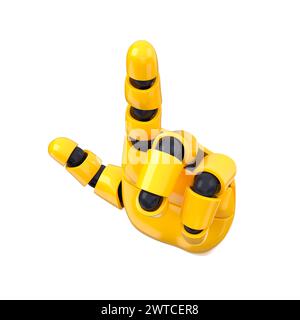 Yellow emoji bot hand tap or pointing gesture. Isolated AI or automated concept. 3d rendering Stock Photo