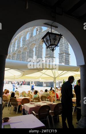 Terrace of Candido restaurant. Azoguejo Square, Segovia, Castilla Leon, Spain. Stock Photo