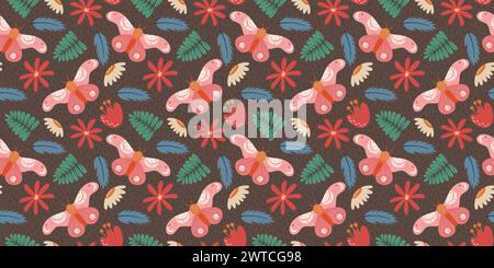 Seamless design with a whimsical moth, flowers, and leaves. Scandi style delicate folk recurring pattern suitable for printing on fabric, wrapping pap Stock Vector