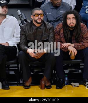 Los Angeles, United States. 16th Mar, 2024. Bad Bunny sits court side during the Los Angeles Lakers/Golden State Warriors NBA game at Crypto.com Arena in Los Angeles on Saturday, March 16, 2024. Photo by Jim Ruymen/UPI Credit: UPI/Alamy Live News Stock Photo