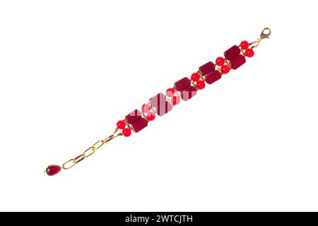 Red coral bracelet with gold chain isolated on white background Stock Photo