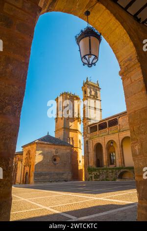 Trinidad and Tardon towers. Plaza Mayor, Alcaraz, Albacete province, Castilla La Mancha, Spain. Stock Photo