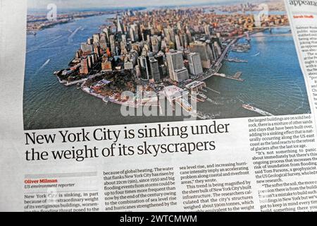 'New York City is sinking under the weight of its skyscrapers' Guardian newspaper headline climate crisis environment article 19 May 2023 London UK Stock Photo