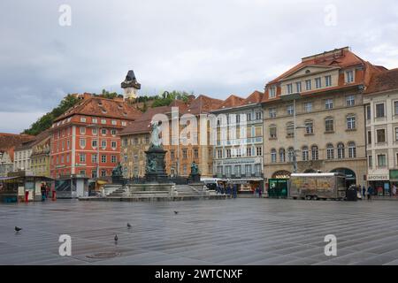 Austria, Styria, Graz - September 24, 2023: View across the main square towards the clock tower. Stock Photo