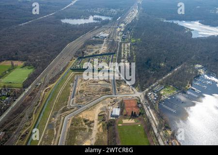 Luftbild, Baustelle für geplantes Duisburger Wohnquartier am ehemaligen Rangierbahnhof Wedau, an der Sechs-Seen-Platte, Wedau, Duisburg, Ruhrgebiet, Nordrhein-Westfalen, Deutschland, Duisburg-S ACHTUNGxMINDESTHONORARx60xEURO *** Aerial view, construction site for planned Duisburg residential quarter at the former Wedau marshalling yard, at the Sechs Seen Platte, Wedau, Duisburg, Ruhr area, North Rhine-Westphalia, Germany, Duisburg S ACHTUNGxMINDESTHONORARx60xEURO Stock Photo