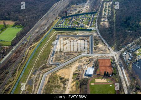 Luftbild, Baustelle für geplantes Duisburger Wohnquartier am ehemaligen Rangierbahnhof Wedau, an der Sechs-Seen-Platte, Wedau, Duisburg, Ruhrgebiet, Nordrhein-Westfalen, Deutschland, Duisburg-S ACHTUNGxMINDESTHONORARx60xEURO *** Aerial view, construction site for planned Duisburg residential quarter at the former Wedau marshalling yard, at the Sechs Seen Platte, Wedau, Duisburg, Ruhr area, North Rhine-Westphalia, Germany, Duisburg S ACHTUNGxMINDESTHONORARx60xEURO Stock Photo