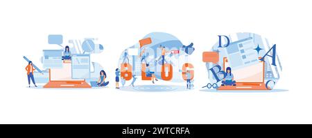Blogging, Blogger. Freelance. Blog Creative Content Production Workflow Process Poster. Blog articles creation concept. Set flat vector modern illustr Stock Vector