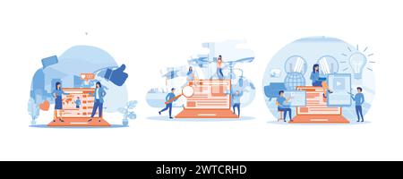 Live Video Streaming Channel Launch Concept. Planning Landing Page. Blog authors writing articles. Set flat vector modern illustration Stock Vector