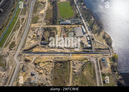 Luftbild, Baustelle für geplantes Duisburger Wohnquartier am ehemaligen Rangierbahnhof Wedau, an der Sechs-Seen-Platte, Wedau, Duisburg, Ruhrgebiet, Nordrhein-Westfalen, Deutschland, Duisburg-S ACHTUNGxMINDESTHONORARx60xEURO *** Aerial view, construction site for planned Duisburg residential quarter at the former Wedau marshalling yard, at the Sechs Seen Platte, Wedau, Duisburg, Ruhr area, North Rhine-Westphalia, Germany, Duisburg S ACHTUNGxMINDESTHONORARx60xEURO Stock Photo