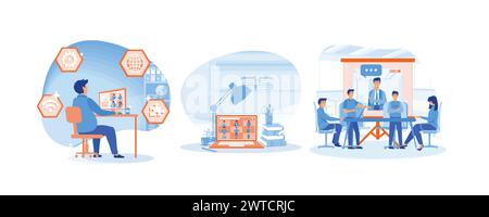 Video conference concept. Video conference remote working on laptop computer. Business team at the video conference call in boardroom. Set flat vector Stock Vector