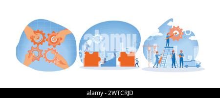 People connecting puzzle elements. Group of young business people working together with puzzles as symbol of collaborating. Workers couple rotating co Stock Vector