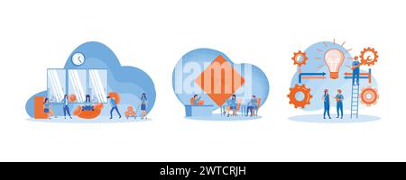 People organize abstract geometric shapes scattered around them. Teamwork office computer. Group of young business people collaborating. Set flat vect Stock Vector