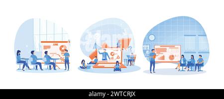Business education and coaching. Of young people sitting on big laptop and attending public conference. Business seminar man speaker doing presentatio Stock Vector